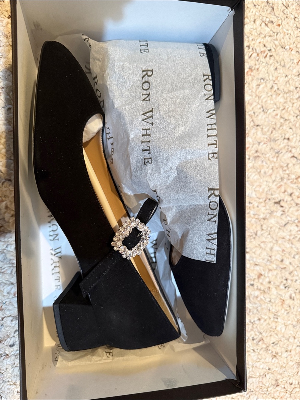 Ron White Women's Black Suede Mary Jane Flats with Crystal Buckle